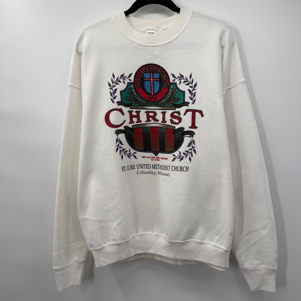 Soldiers Of Christ Mens Size XL Crewneck Sweatshirt Vintage Jesus White Graphic